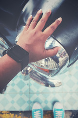 Selfie of vintage car with hand