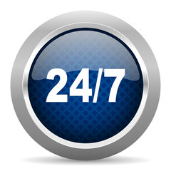 24/7 blue circle glossy web icon on white background, round button for internet and mobile app