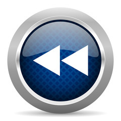 rewind blue circle glossy web icon on white background, round button for internet and mobile app