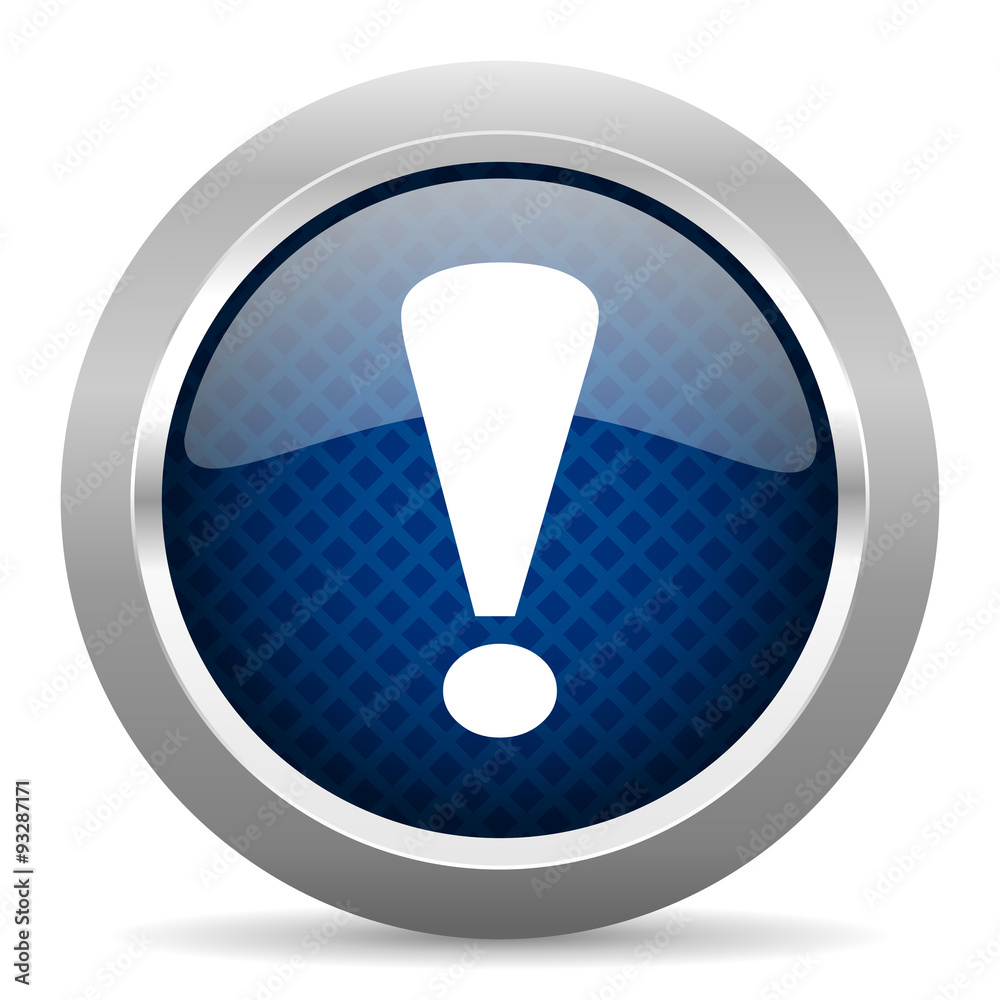 Poster exclamation sign blue circle glossy web icon on white background, round button for internet and mobi