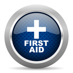 Obraz premium first aid blue circle glossy web icon on white background, round button for internet and mobile app