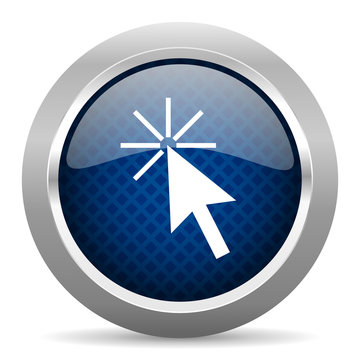 Click Here Blue Circle Glossy Web Icon On White Background, Round Button For Internet And Mobile App