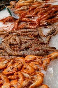 raw shrimps on la boqueria market in Barcelona, Catalonia, Spain.