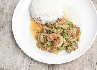 Basil Fried Rice with stir fried crispy Pork, Thai famous food