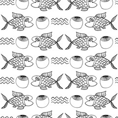 Seamless black and white pattern with decorative fish, wave and eye vector background. Perfect for wallpapers, pattern fills, web page backgrounds, surface textures, textile