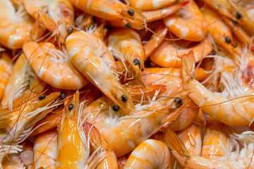 raw shrimps on la boqueria market in Barcelona, Catalonia, Spain.