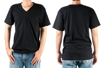 Black t shirt on man template on white background
