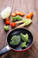 frying pan on a  wooden table, cooking background , top view.