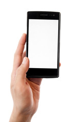 Human hand holding blank mobile smart phone isolated on white ba