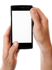 Human hand holding blank mobile smart phone isolated on white ba