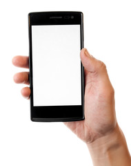 Human hand holding blank mobile smart phone isolated on white ba