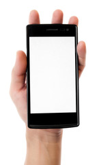 Human hand holding blank mobile smart phone isolated on white ba