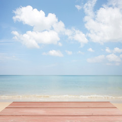 Fototapeta na wymiar wooden floor with beautiful blue sky scenery for background.