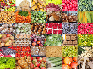 Farmers market supplies collage - various fruits, vegetables, mushrooms, baked goods, eggs and dairy products.