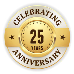 Gold celebrating 25 years, anniversary badge with white border