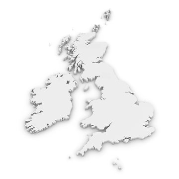 White 3D Outline of the United Kingdom and Ireland Isolated on White
