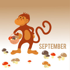 Funny monkey with mushrooms in a basket