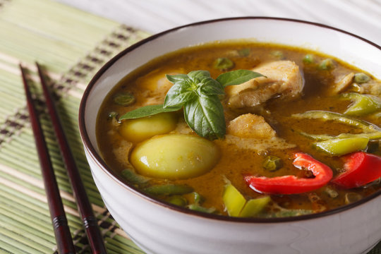 Thai food: green curry chicken close-up. horizontal
