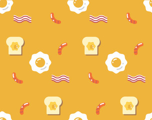 flat cute delicious breakfast (; fried egg, butter toast, bacon and sausage) seamless pattern vector