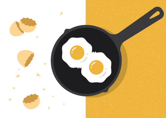 fried eggs in a frying pan and egg shell in the background illustration vector - obrazy, fototapety, plakaty