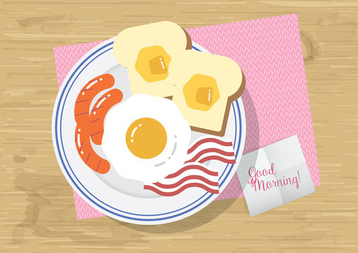 flat cute breakfast (; fried egg, butter toast, bacon and sausage) dish illustration vector