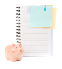 Copybook with stickers and piggy bank