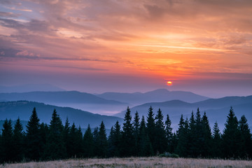Naklejka na ściany i meble A magic sunrise in the Carpathian mountains