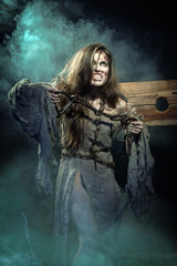 Fototapeta premium Halloween. The Middle Ages. Witch sign a verdict of the Inquisit