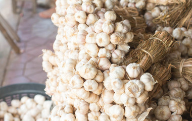 close up of garlic on market stand