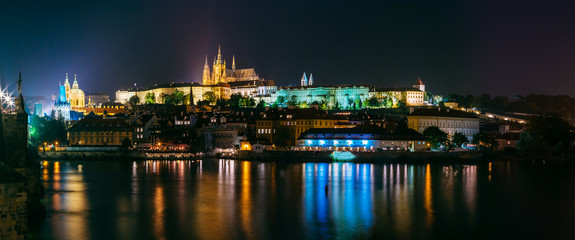 Fototapeta na wymiar Night panoramic view of Prague cityscape, Czech Republic