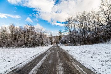 snowy road in the italian countryside