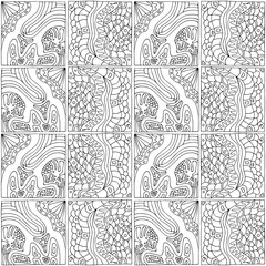 Fototapeta na wymiar black and white seamless abstract geometric pattern of squares in a zentangle style, done by hand