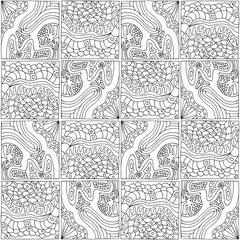 black and white seamless abstract geometric pattern of squares in a zentangle style, done by hand