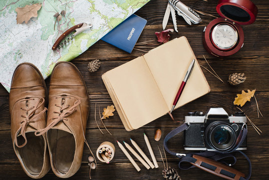 Things for travel on wooden table