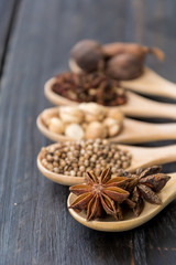 Spices and herbs in  bowls.