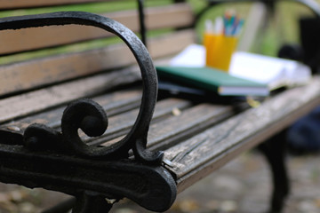 books on a bench in the school year