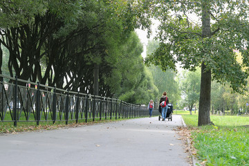 pathway perspective park stroller woman