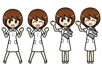 シンプルキャラクター　会話・表情イラスト集　看護師（スカート） 女性　ガッツポーズ２