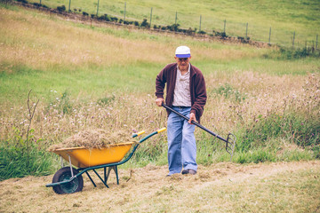 Senior man raking hay with pitchfork on field
