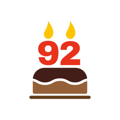 The birthday cake with candles in the form of number 92 icon. Birthday symbol. Flat