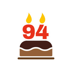 The birthday cake with candles in the form of number 94 icon. Birthday symbol. Flat