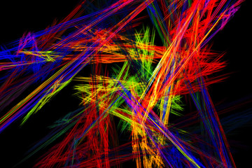 Sheaves of colored sparks. Rays of light drawn in pencil. Abstract image. Fractal Wallpaper on your desktop. Format 16:9 for widescreen monitors. Digital artwork for creative graphic design.