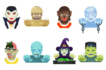 Halloween Party Monster Role Character Bust Icons Set Stylish