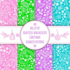 Big set of beautiful and gentle seamless patterns for the New Year and Christmas. A selection of patterns for packaging, postcards, background. Seamless New Year's background.