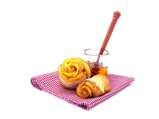 Apple toast and honey on white background 