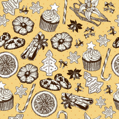 Vector seamless pattern with ink hand drawn Christmas and New year's elements and illustrations  