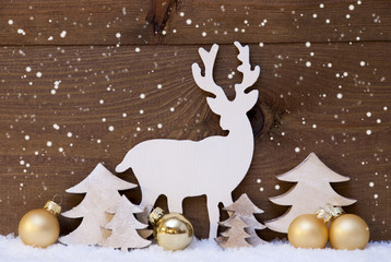 Golden Christmas Decoration, Snow,Tree And Reindeer, Snowflakes