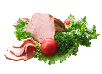 Sliced ham on white background.