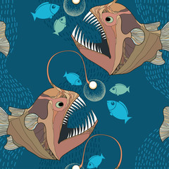 Seamless pattern with Angler fish or monkfish with lantern
