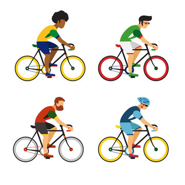 Cycling sport bicycle men icons set, road bike riders
